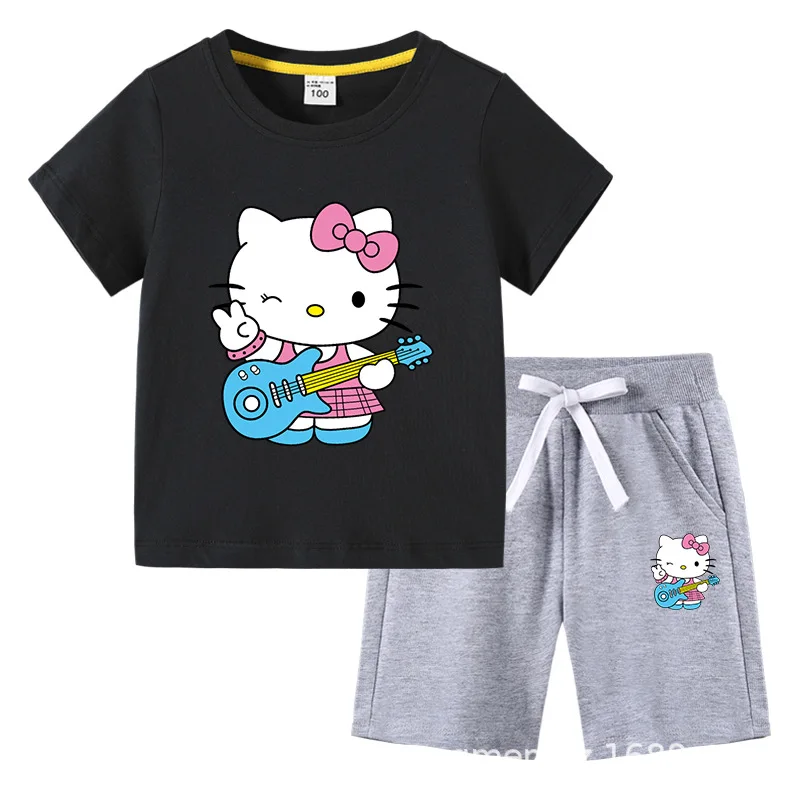 thumbnail image 1 of Hello Kitty verano niños pequeños de algodón de manga corta camiseta traje niños pantalones cortos de manga corta conjunto de dos piezas ropa para niños, 1 of 5