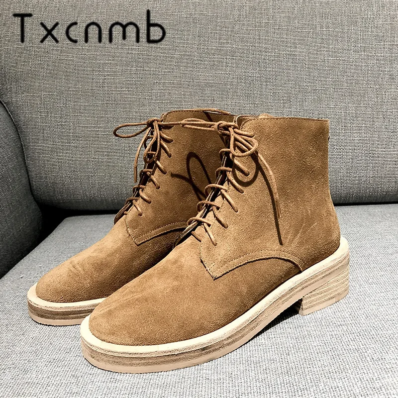 

TXCNMB New Boots Women Ankle Boots Cow Leather Round Toe Lace Up Short Boots Warm Winter Zipper Party Low Heels Shoes Woman