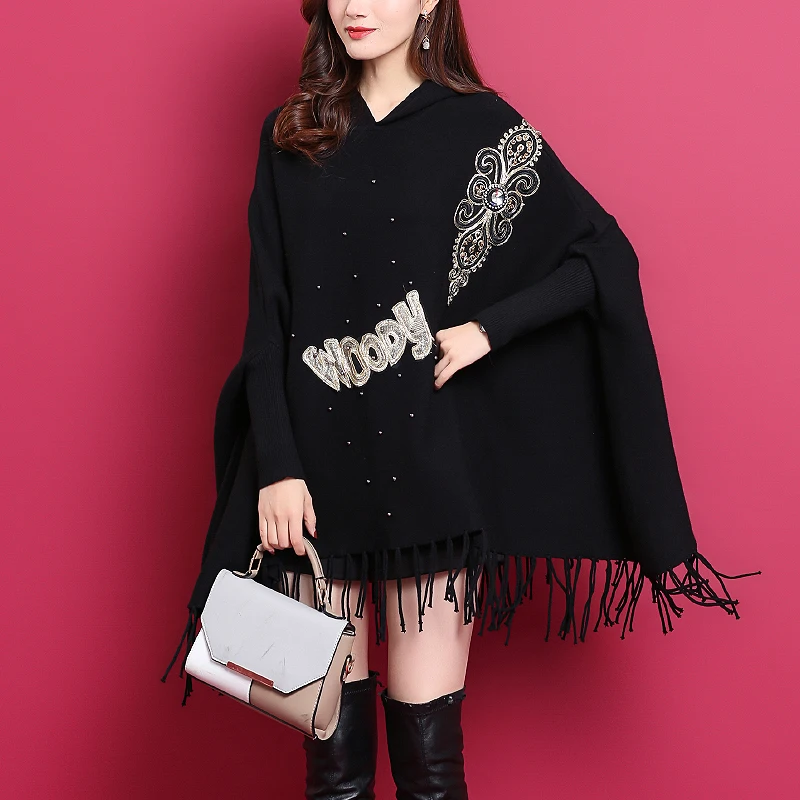 

Wholesale Turtleneck Crochet Lady Loose Sweater Coat Knit Cape Embroidery Wrap And Scarves Pullover String Sequined Women Poncho