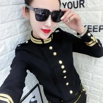 

new arrival spring autumn military style blouse women stand collar single breasted tops shirt