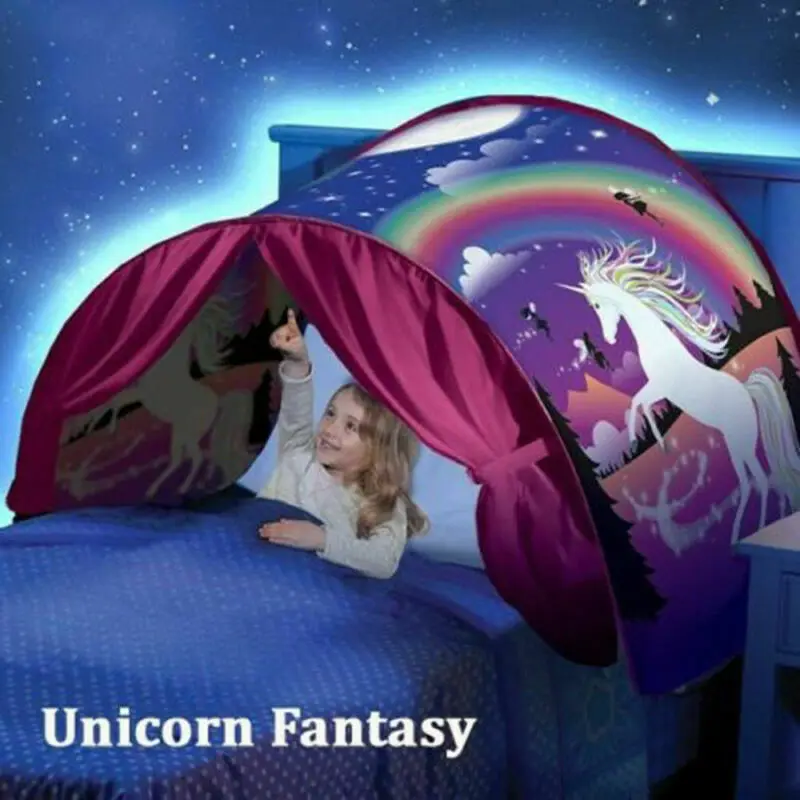 Детская кровать мечты палатки с светильник карман для хранения детей мальчиков девочек ночной спальный складной всплывающий матрас Палатка игровой домик Единорог