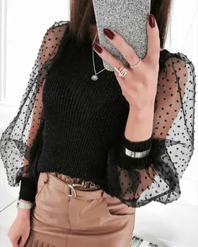

2020 Newest Hot Autumn Winter Women`s Patchwork Polka Dot Puff Long Sleeve Solid Color Sweaters Female Casual Knitted Pullovers