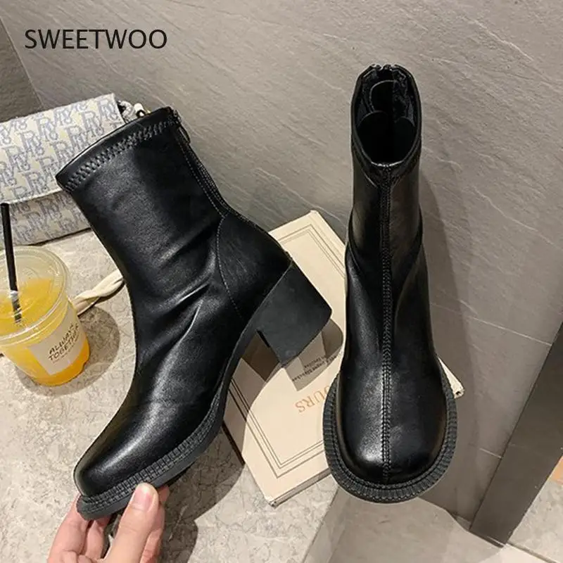 Women Big Toe Chunky Heel Boots Pu Leather Platform Ankle Boots With Elastic Zipper Vintage Style Autumn Winter