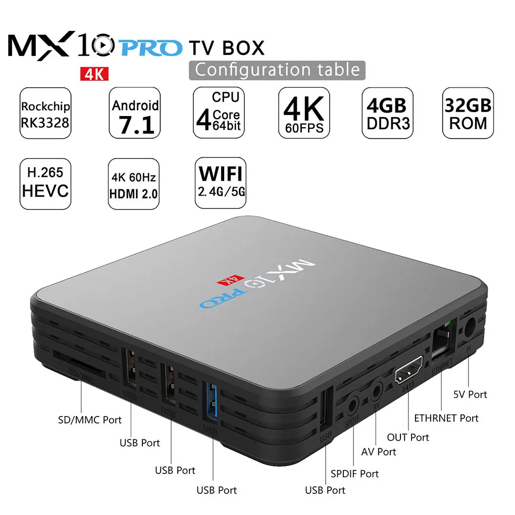 MX10 Pro 4+32GB Android 8.1 Smart TV Box Media Player RK3328 Quad Core Wifi Bluetooth
