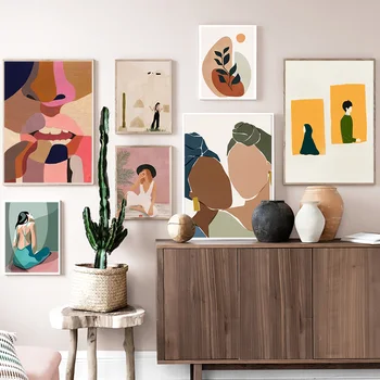 

Abstract Nordic Posters And Prints Wall Art Canvas Painting Feature Woman Plant Vintage Wall Pictures For Home Living Room Decor