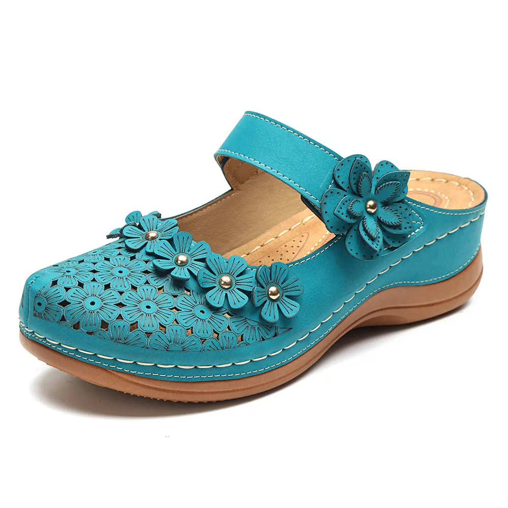 SHUJIN/женские босоножки; коллекция года; сезон лето; женская обувь ручной работы; кожаные сандалии с цветочным рисунком; женская обувь на плоской подошве в стиле ретро; женская обувь - Цвет: Treasure Blue