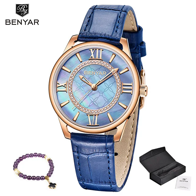Новинка, кварцевые женские часы, BENYAR, модные кожаные Наручные часы, женские водонепроницаемые часы, женские часы - Цвет: Gold blue