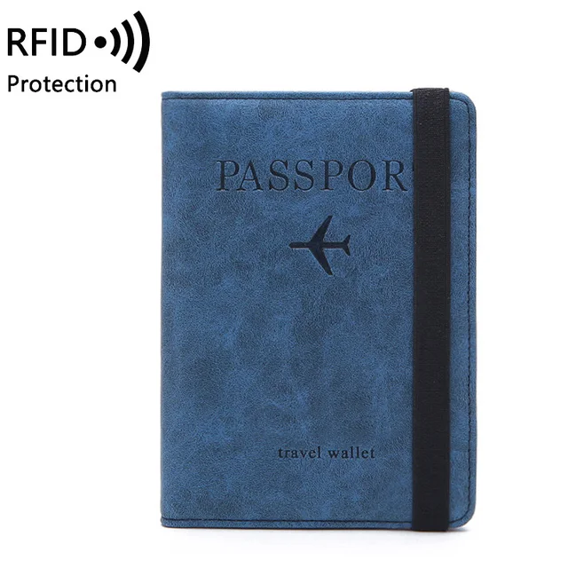 Elastic Band Leather Passport Cover RFID Blocking For Cards Travel Passport Holder Wallet Document Organizer Case Men Women blue