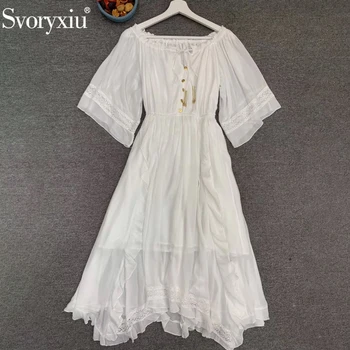 

Svoryxiu Runway Designer Women Summer Solid Ruffles Hollow Out Bohemian Long Dress Ladies High Waist Asymmetrical Dresses