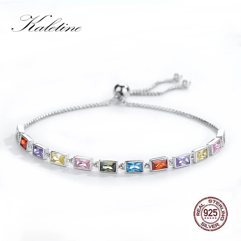 

KALETINE 925 Sterling Silver Tennis Bracelets for Women Square Colorful Stone CZ Charm Bracelet Adjustable Men Jewelry Bohemian