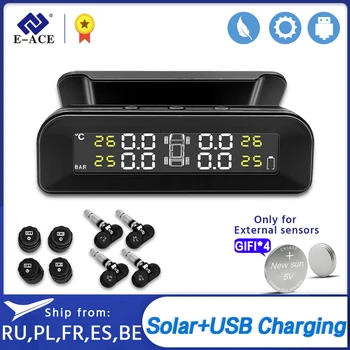 

E-ACE TPMS Car Tire Pressure Display Intelligent Alarm Monitor System Solar Power Charging Temperature Warning with 4 sensors