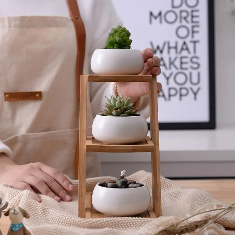 New Ceramic Small Round Succulent Flower Pot Planters With Bamboo Stand Holder