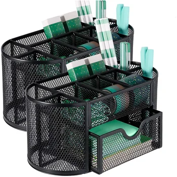 

Mesh Desk Organizer Office Desktop Organizer with Drawer, Metal Stationary Organizer Black Desk Caddy 2 Pack