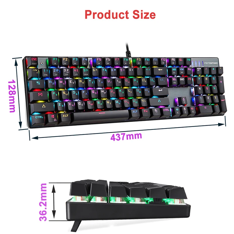 Genuine Motospeed CK104 Mechanical Gaming Keyboard 104 key LED RGB Backlit USB wired Keyboard Russian/English for computer gamer