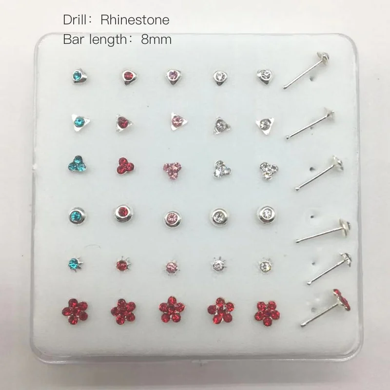 silver nose stud 36 шт./компл. 925 стерлингового серебра носа серьги-гвоздики ювелирные изделия для пирсинга CZ ноздрей, ушные серьги модные женские туфли для мужчин Сексуальные вечерние подарки на - Окраска металла: silver nose stud