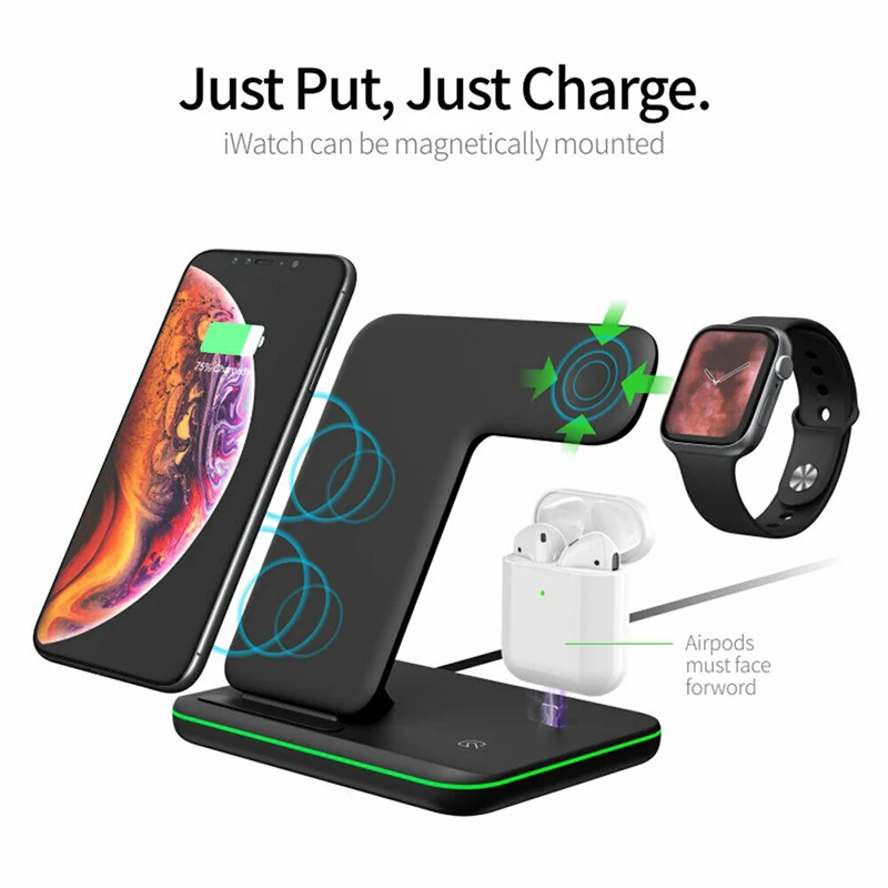 

3-in-1 Non-Slip Wireless Charger For Smart Mobile Cell Phone Qi Wireless Charger Dock Stand Fast Charging For iWatch Airpods
