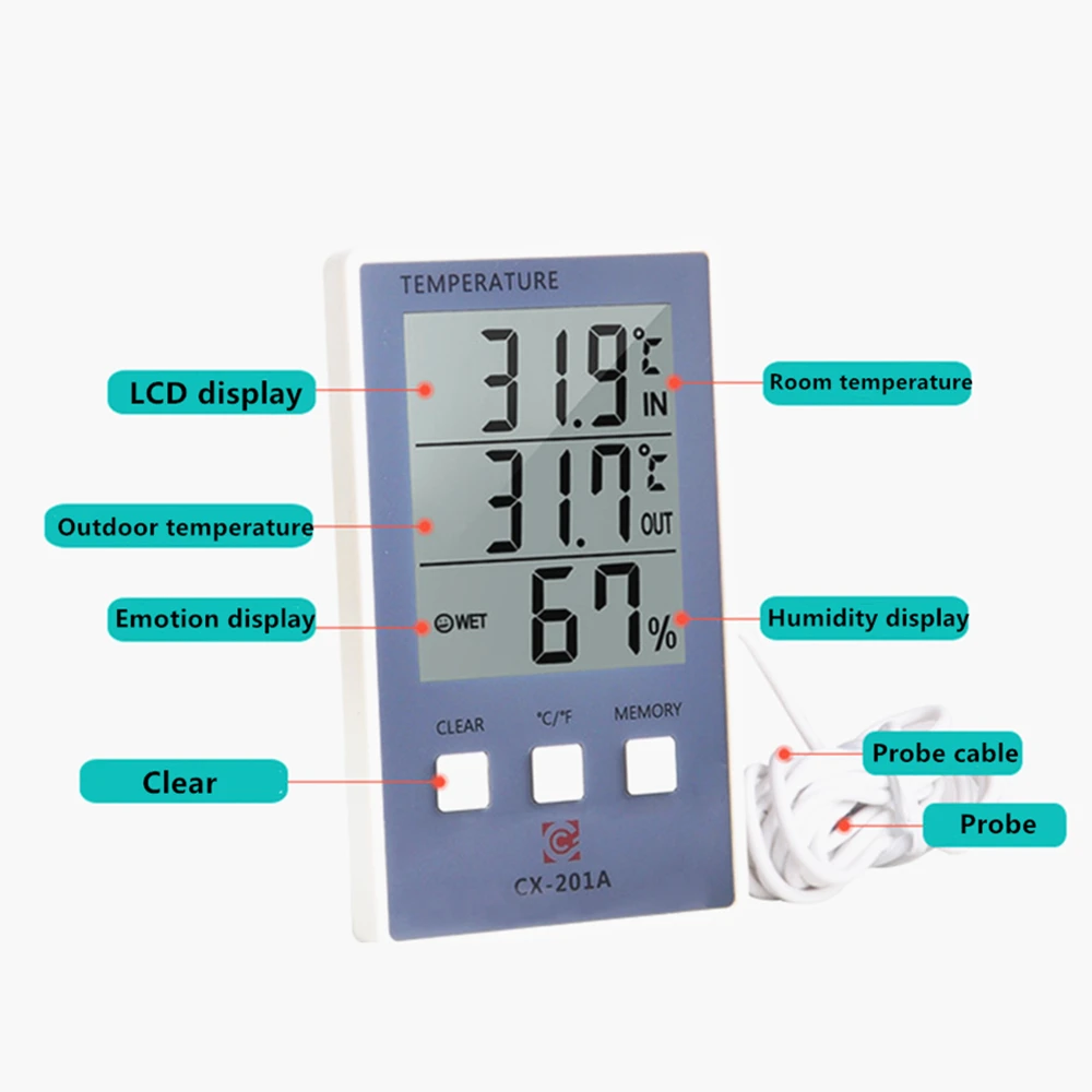 Thermometer Digital LCD Sensor Cable Indoor Outdoor ° C ° F temperature display 