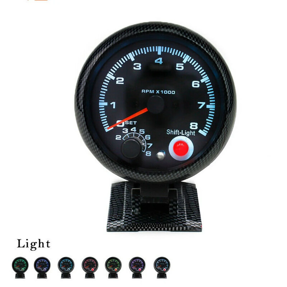 

12V Car Carbon Fiber 3.75" Tachometer Tacho Gauge with 7 LED Colors Shift Light 0-8000 RPM for 12V petrol vehicles