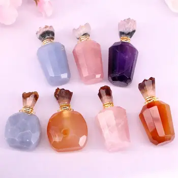 

2Pcs, Natural Stone Perfume Bottle Pendant, Gold Filled Amethysts Crystal Rose Quartz Tiger Eye Perfume Bottle Jewelry