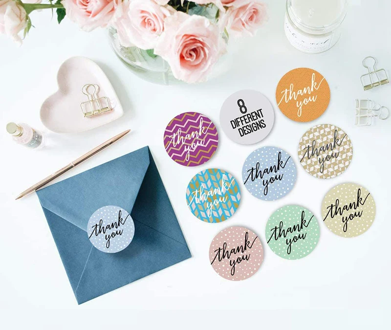 Thank You Stickers Green Flowers Wedding White Business Mix Labels 25mm