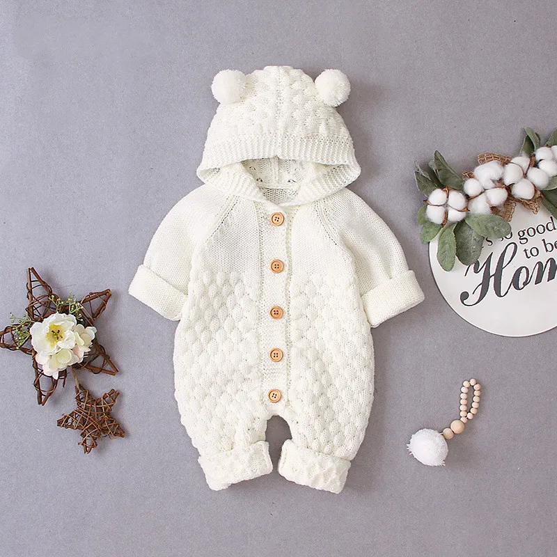 0-24M Newborn Baby Knit Romper Boys Girls Autumn Winter Clothes Long Sleeve Hooded Sweater Jumpsuit Baby Playsuit Outfits
