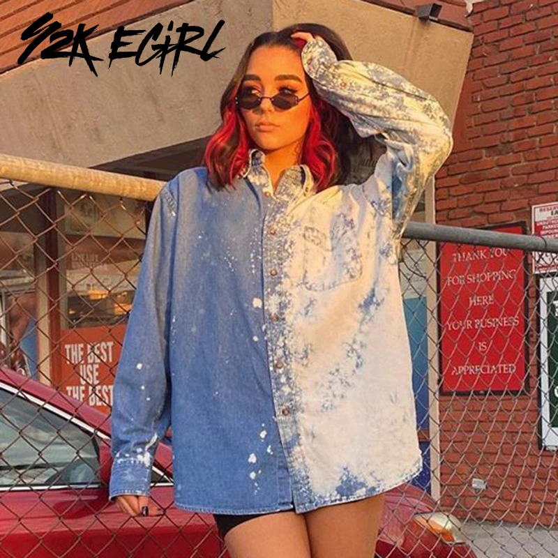 

Y2K EGIRL Autumn Oversized Turndown Collar Single-breasted Demin Shirts Punk Style Long Sleeve Tie Dye Outerwear VIntage 90s