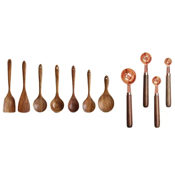 

1set Kitchen Utensils Set, Wooden Spoons & 4 Pc Measuring Spoons Measuring Spoons Coffee Scoop with Wood Handle