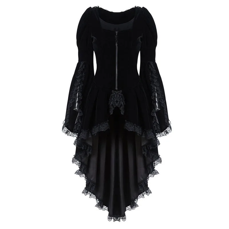 Пальто Плюс Размер модная Женская осенне-зимняя куртка Винтажная с длинным рукавом талия юбка на молнии куртка кружева сшивание смокинг - Цвет: Black