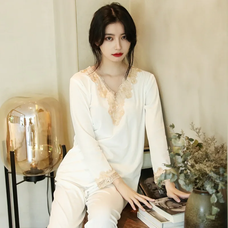 2021 Lace Pajamas for Women Comfortable Skin-friendly Long-sleeved Trousers Home Service Suit Pajamas Set Sleepwear пижама