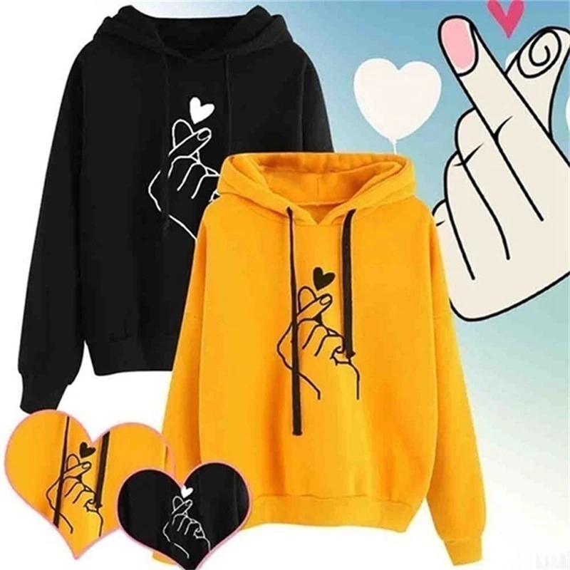 Женская толстовка с капюшоном, топы, Kpop, Finger Heart Love, с рисунком, с капюшоном, пуловеры, на завязках, с длинным рукавом, женские толстовки, уличная одежда