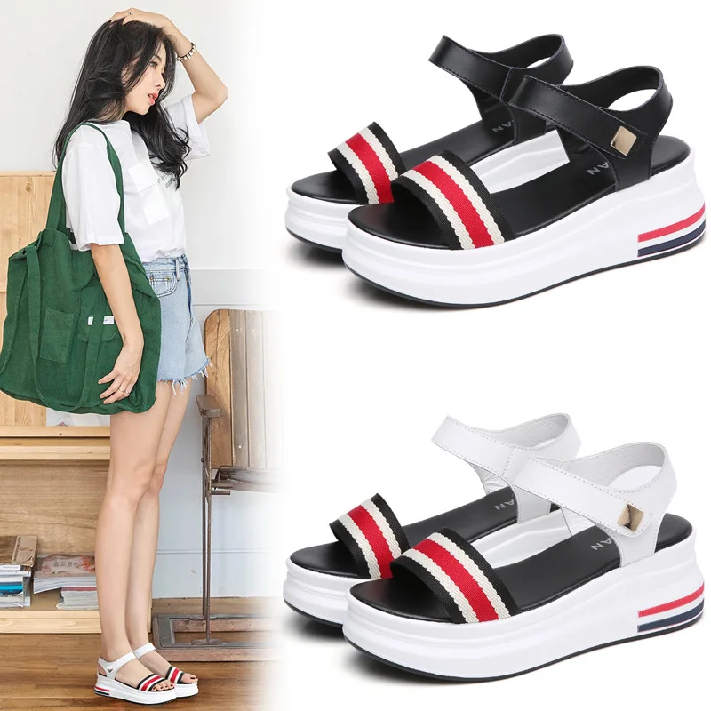 

New Style Summer Genuine Leather Casual Korean-style Thick Bottomed Extra High Light Velcro Anti-slip Wear-Resistant Students Sp