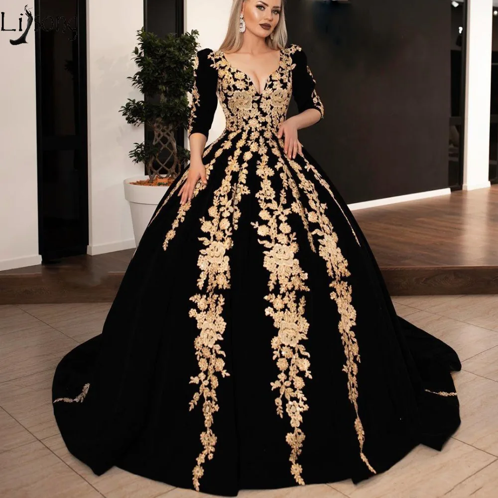 Элегантное арабское выпускное платье года в Дубае Золотая кружевная Апликация знаменитостей с v-образным вырезом полурукав вечернее платье торжественное Пышное Платье