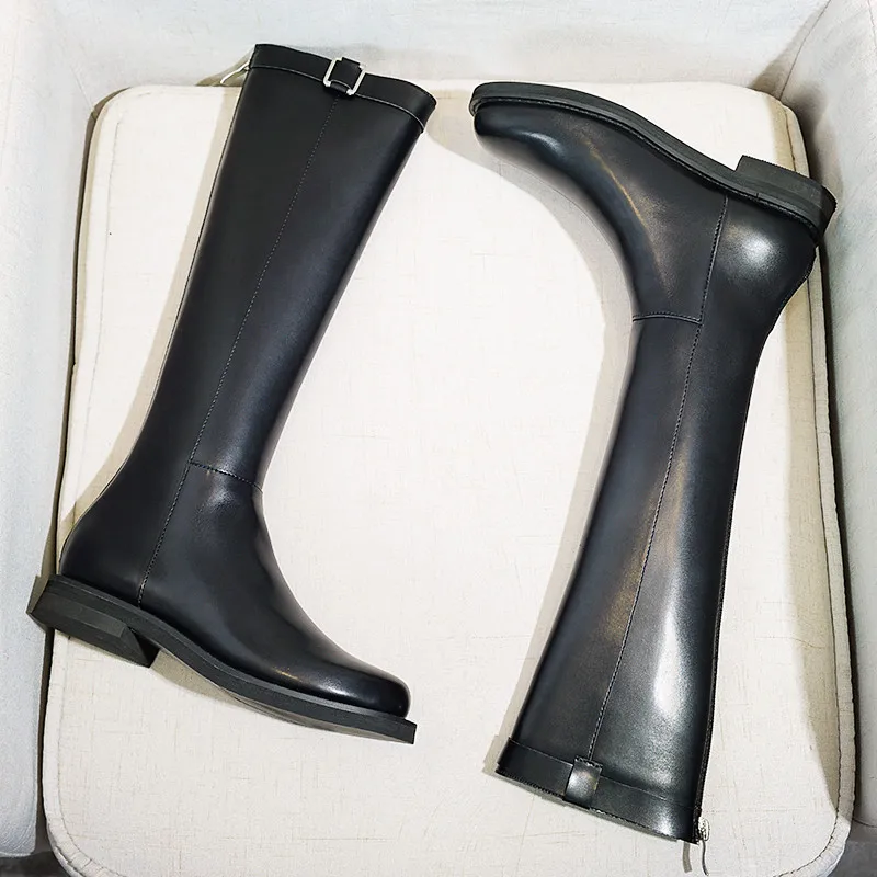 Black Genuine Leather Round Toe Flat Bottom Women Riding Boots Female Back Zipper Knee High Winter Stylish Knight | Обувь