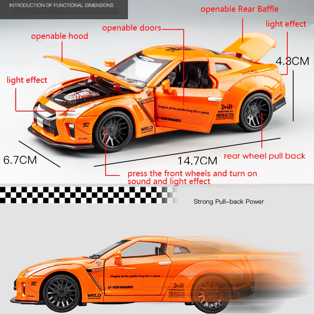 1:32 GtR литые автомобили горячее колесо модель автомобиля металлический корпус двери можно открыть музыкальная с подсветкой машина игрушка