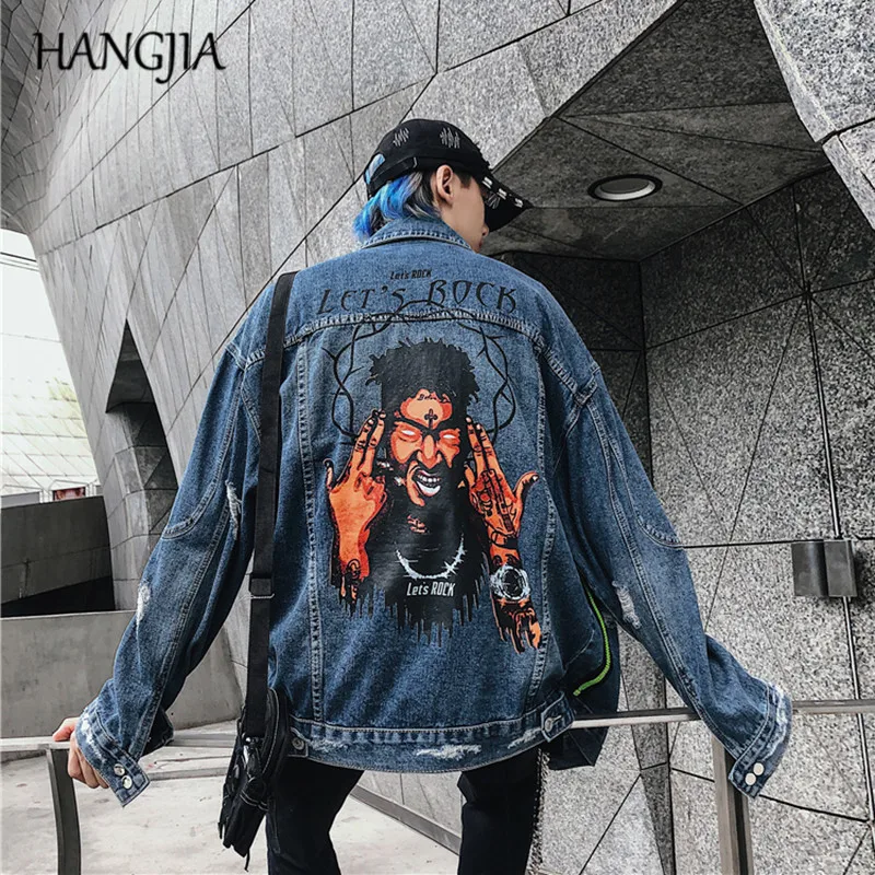

Mens Ripped Denim Jacket Streetwear Funny Spoof Printed Jackets and Coats 2019 Fashion Zipper Loose Long Sleeve Clothes
