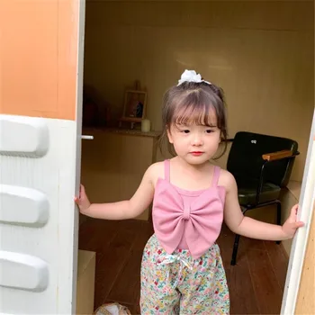 

2020 Summer Pure Color Big Bowknots Baby Girls Camisoles T Shirts Korean Style Kids Sling Tops Children Clothes Cute Tees