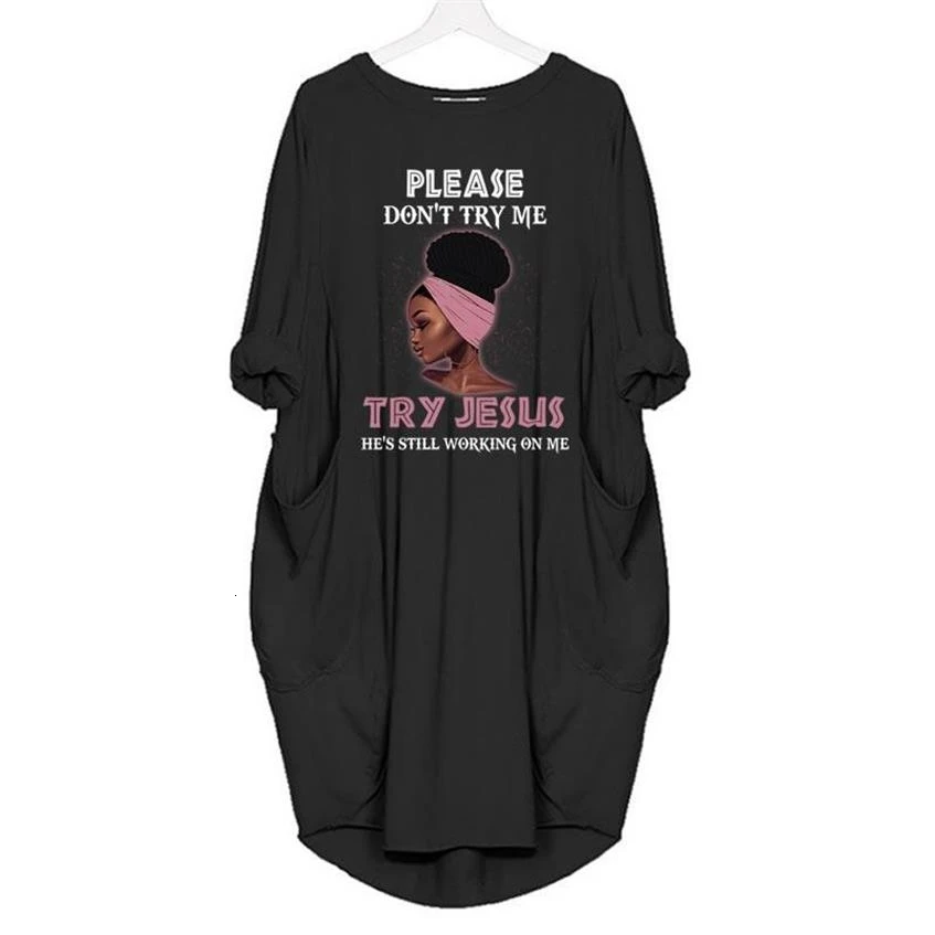 

2022 Summer Autumn Women Mini Casual 100% Cotton Dress Jesus African Black Woman Beatiful Printed TShirt Dresses