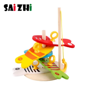 

Saizhi Fishing Digital Colorful Wooden Toys Kids Fish Set Column Blocks Game Children Cute Early Educational Cartoon Toy Funny