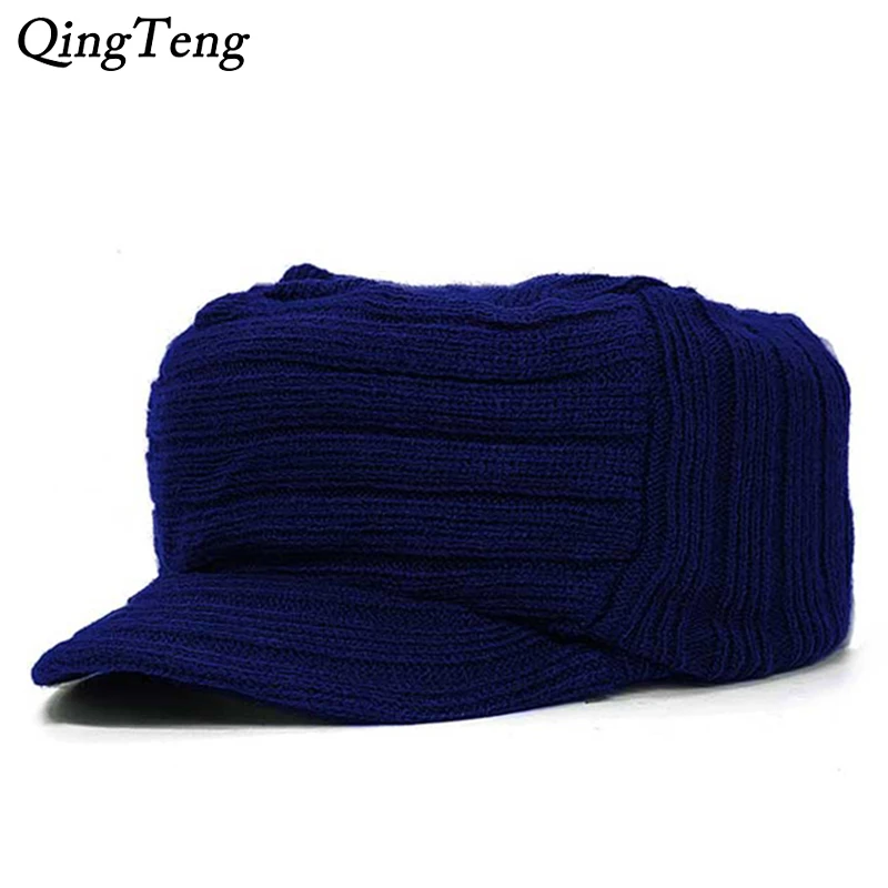 Однотонная зимняя вязаная шапка с козырьком, с плоским верхом, мужские женские шапочки, шапка Skullies, Теплая Вязаная Шапка-бини, шляпа с козырьком для девочек