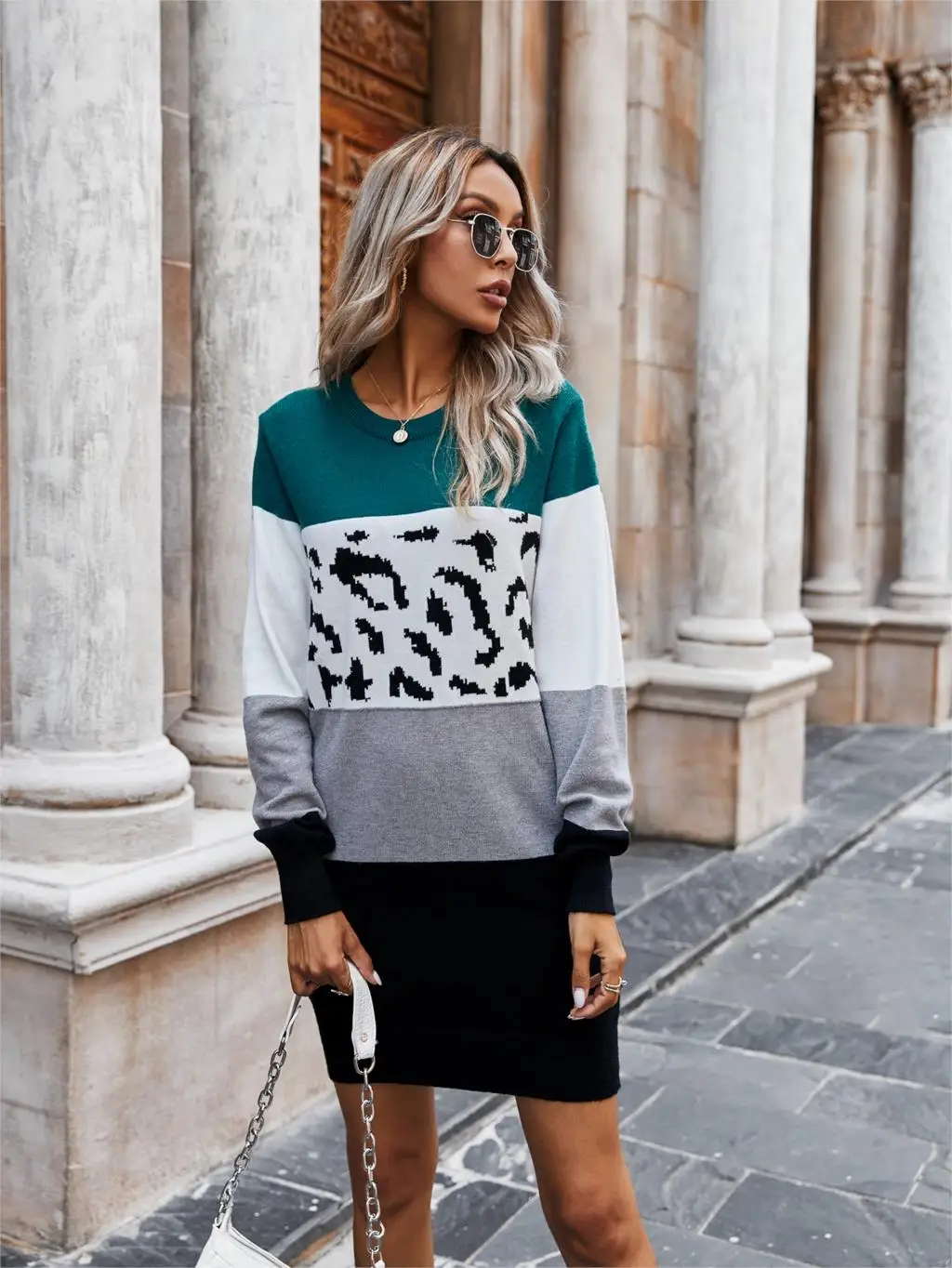 Chifirena Vintage Leopard Patchwork Sweater Dress Women O Neck Long Sleeve Winter Casual Robe Female Elegant Minie Vestidos