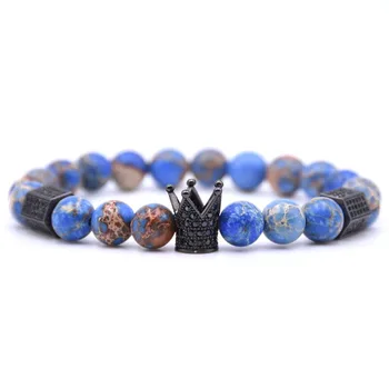 

8mm Natural Stone Beads Bracelets Round Multi Colorful Natural Emperor Stone Beads Bracelet CZ Crown Charms Yoga Beaded Bracelet