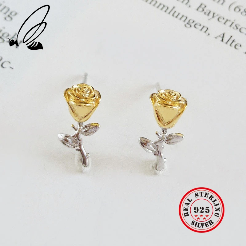 925 пробы, серебряные, розовые цветы, растения, золотые серьги, готические серьги-гвоздики, простые серьги для женщин, аксессуары для женщин, ювелирные изделия