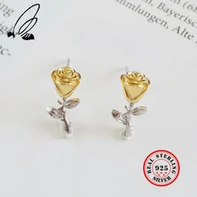 925 пробы, серебряные, розовые цветы, растения, золотые серьги, готические серьги-гвоздики, простые серьги для женщин, аксессуары для женщин, ювелирные изделия