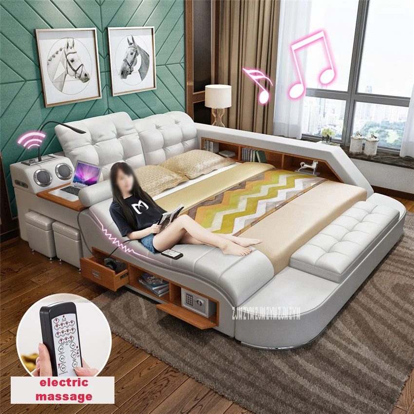 

8098 1.8m Double Bed Twin-Bed Cow Leather Soft Bed Massager Modern Multifunctional Tatami Leather Bed With Bluetooth Speaker