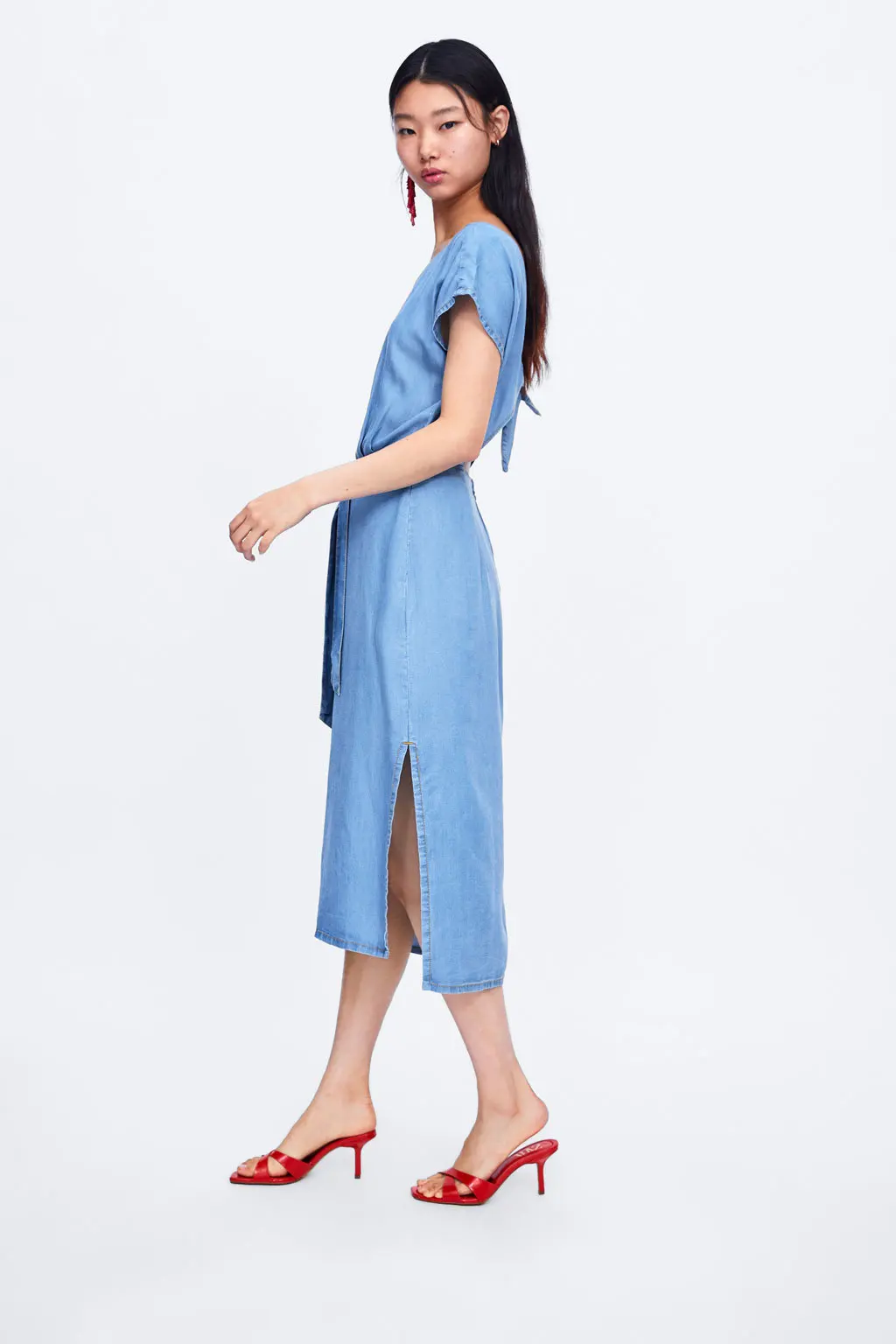 

Europe And America WOMEN'S Dress Retro Solid Color Charade Back Hollow out Tencel Computer Cable Lock Slit Hemline at Hem Lace-u