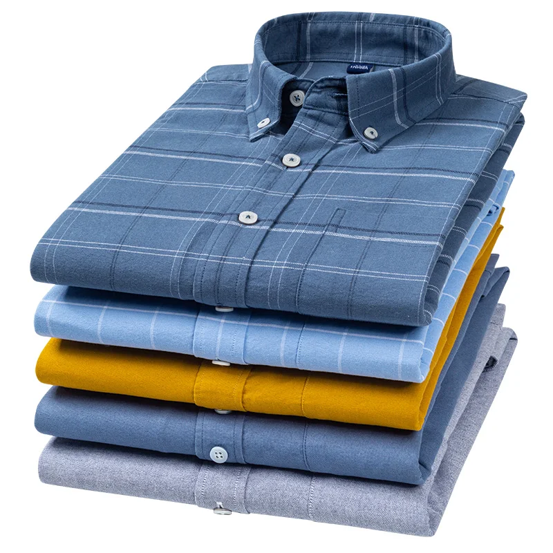 L,Dark Blue Mens Long Sleeves Pure Cotton Plaid Lapels Casual Button Down Shirts