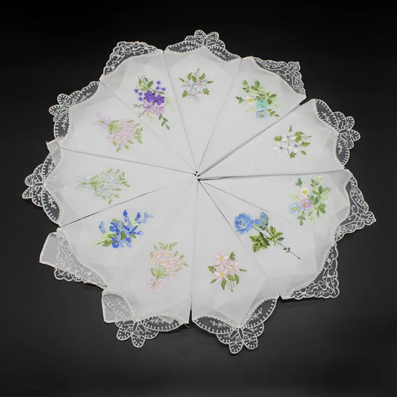 

5Pcs Womens Cotton Handkerchiefs Floral Embroidered Butterfly Lace Pocket Hanky AXYD