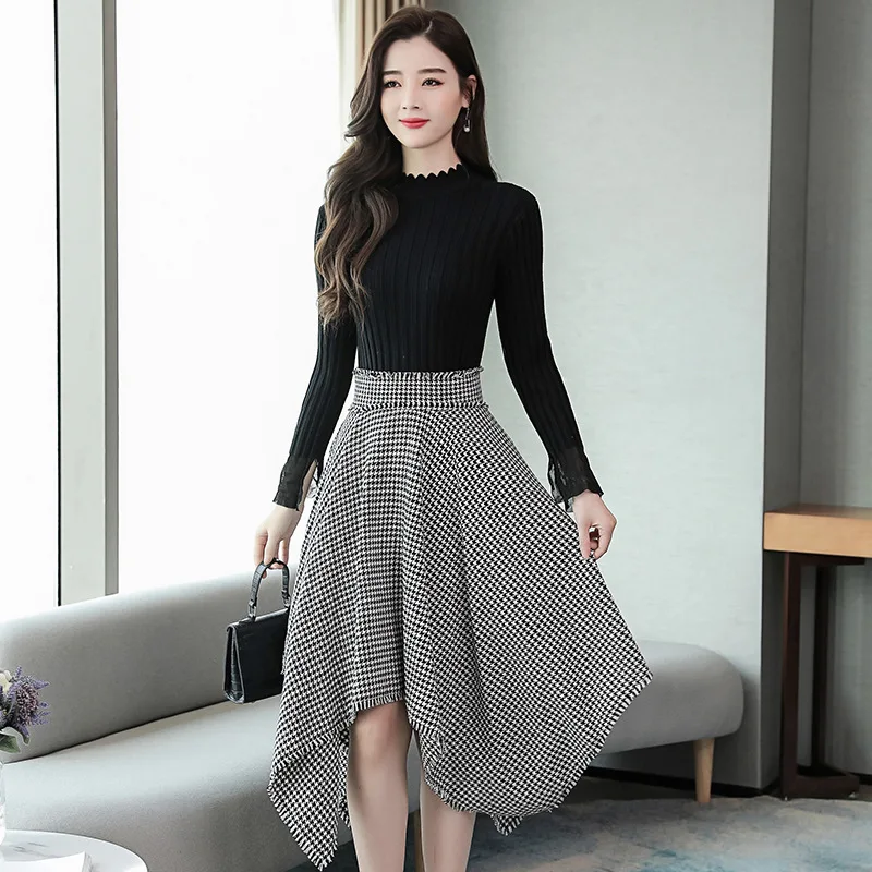 

Europe And America Set Western Style Fashion Autumn And Winter New Style Women's Thousands of Birds Jersey Dress Woolen Two-Piec