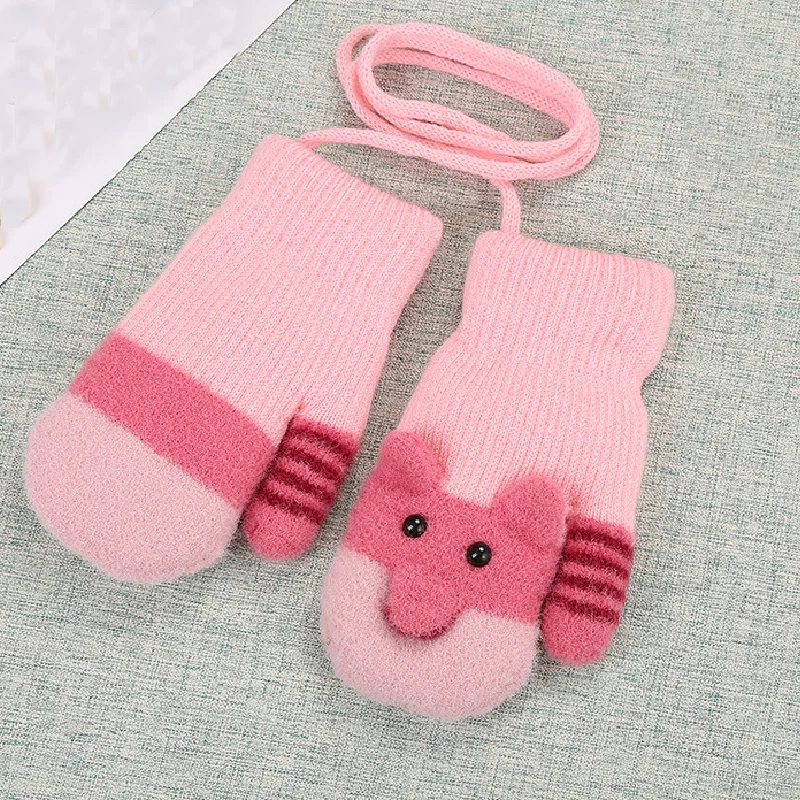 pink Зимние детские вязаные перчатки для мальчиков и девочек, теплые веревочные митенки для пальцев, перчатки для детей, Висячие перчатки с веревкой для детей - Цвет: pink