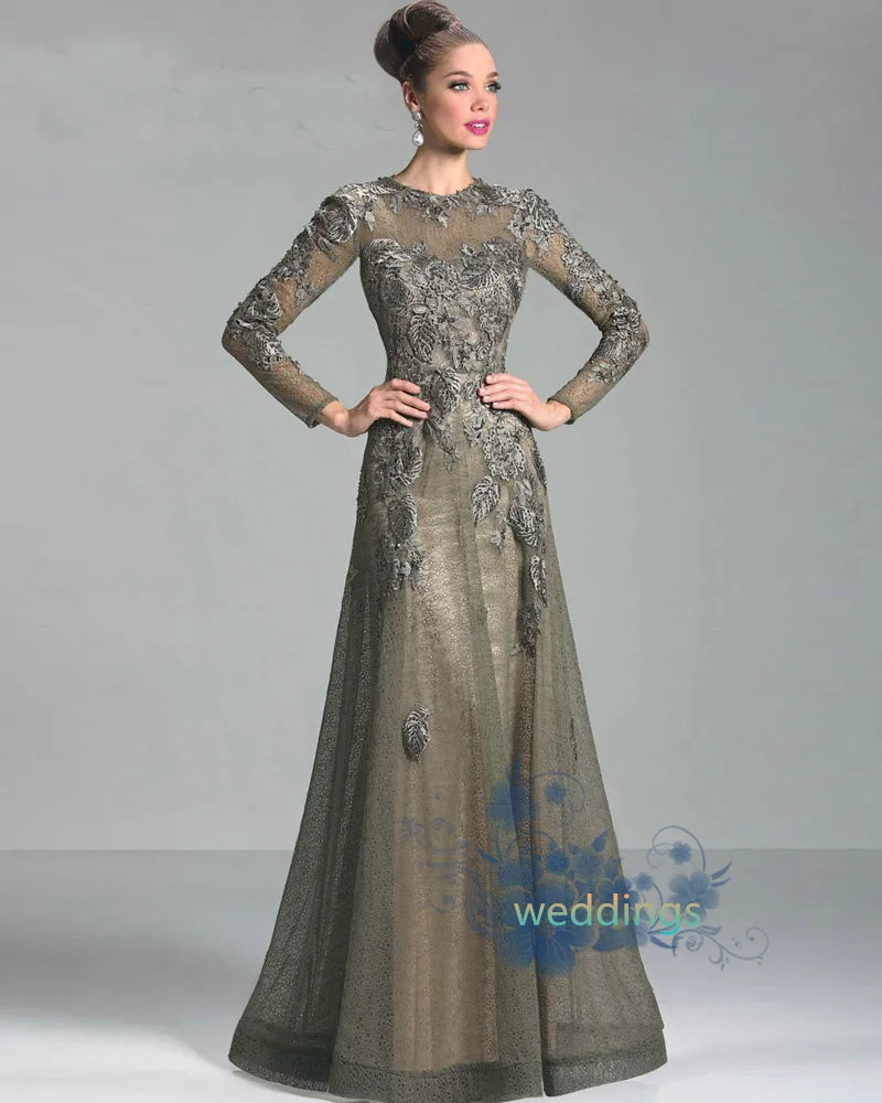 

2016 New O-Neck Long Sleeve Mother of the Bride Dresses crystal beading Elegant Lace Appliques Dress for Mother Weddings